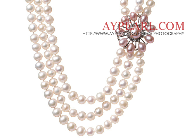 Fashion Three Strands Natural 7-8mm White Freshwater Pearl Necklace With Pink Pearl Rhinestone Flower Charm