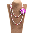 Fantastic Party Style Double Strand Natural White Freshwater Pearl Rose Red Agate Beads Necklace with Purple Shell Flower Charm