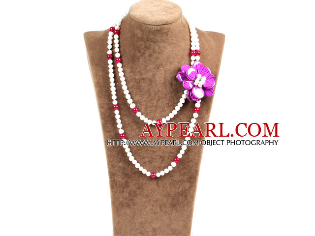 Fantastic Party Style Double Strand Natural White Freshwater Pearl Rose Red Agate Beads Necklace with Purple Shell Flower Charm