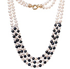 Fashion Multi Strands Natural 7-8mm Black And White Freshwater Pearl Necklace With Gold Moonight Clasp