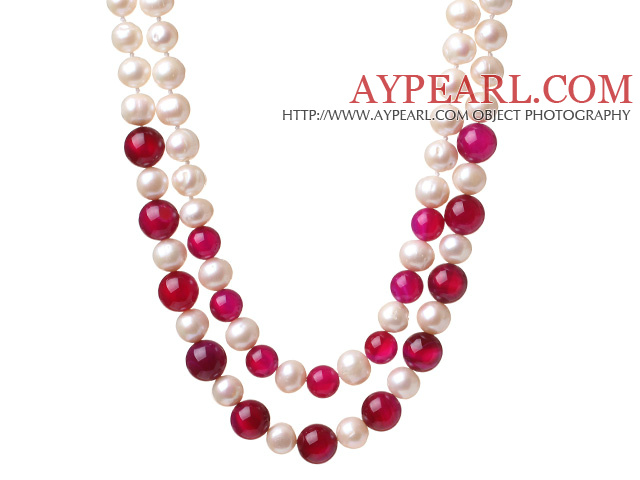 Fashion Double Strands Natural White Ferskvann Pearl And Round Rose Agate Knyttet perler halskjede