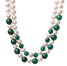 Fashion Double Strands Natural White Freshwater Pearl And Faceted Round Green Agate Knotted Beads Necklace