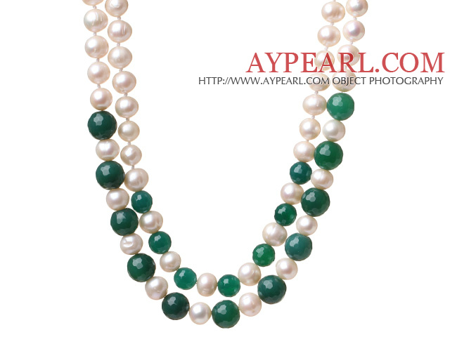 Fashion Double Strands Natural White Freshwater Pearl And Faceted Round Green Agate Knotted Beads Necklace