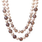Fashion Dubbel Strands Natural White Freshwater Pearl och mångfacetterad runda Gray Agate Knutna pärlor halsbandet