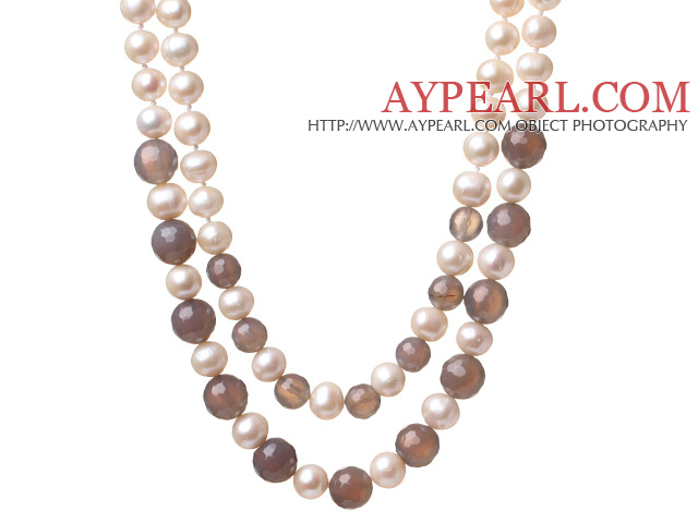 Fashion -Doppelstränge Natural White Süßwasser-Zuchtperlen und facettierten rund grau Achat Perlen Halskette geknotete