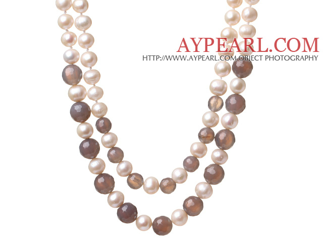 Fashion Double Strands Natural White Freshwater Pearl And Faceted Round Gray Agate Knotted Beads Necklace