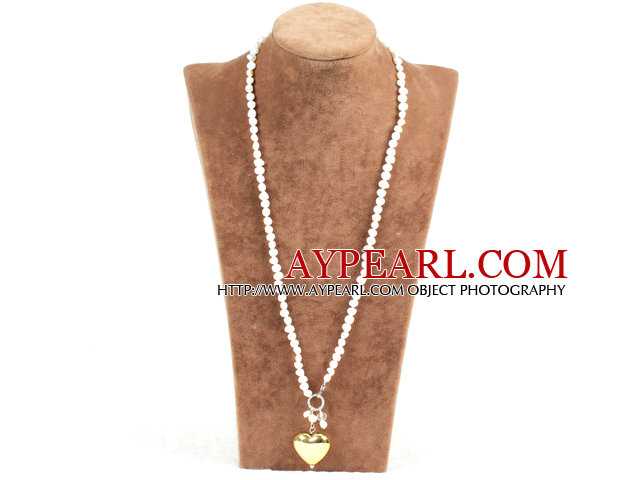 Elegant Simple Natural White Freshwater Pearl Golden Heart Pendant Necklace