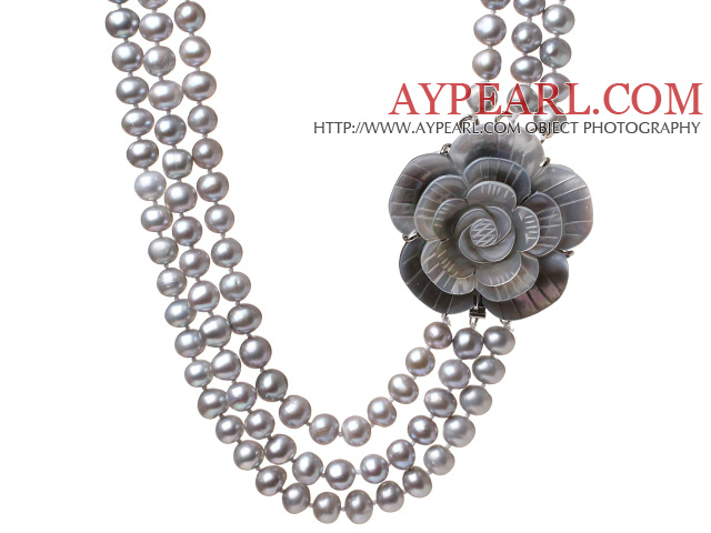 Fashion Three Strands 8-9mm Natural Grey Freshwater Pearl Necklace With Shell Flower Clasp (No Box)