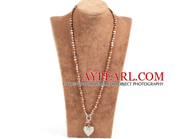 Brown Simple Elegant Natural Freshwater Pearl Necklace hjerte anheng legert