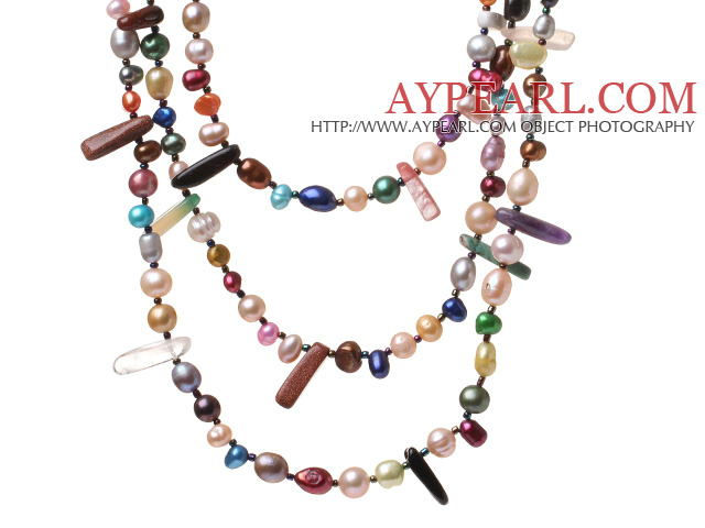 Fashin Three Strands Multi Colorful Pearl And Irregular Stone Necklace With Hook Clasp (No Box)