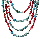 Fashion 4 Strands Multi Pearl Turquoise And Coral String Necklace With Magnetic Clasp