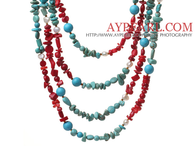 Fashion 4 Strands Multi Pearl Turquoise And Coral String Necklace With Magnetic Clasp