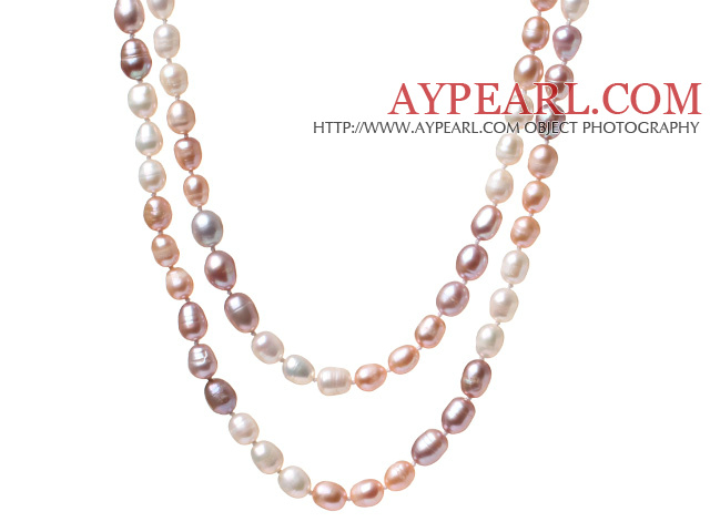 Schöne lange Design 6 -7mm Natural White rosa und lila Perlen -Halskette, Strickjacke-Halskette (No Box)