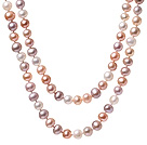 Beautiful Long Design 7-8mm Natural White Pink And Purple Beads Necklace, Sweater Necklace (No Box)