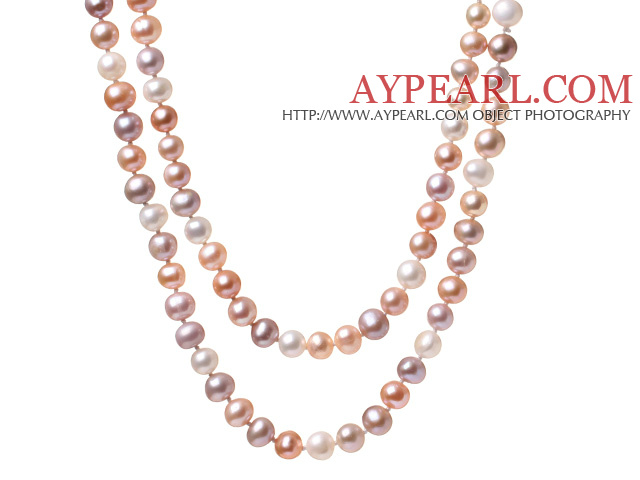 Vakre Long Design 7 - 8mm Natural White rosa og lilla perler halskjede , genser halskjede ( No Box )