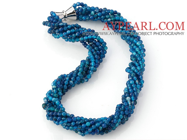 Хороший нескольких Twisted пряди 4мм Грановитая Голубой агат бисер ожерелье с магнитной застежкой