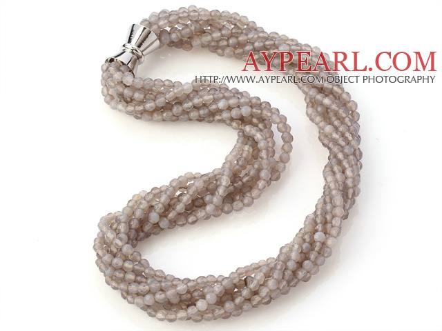 Nice Multi Twisted Strands 4mm Faceted Grey Agate Beads Necklace With Magnetic Clasp