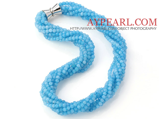 Nice Multi Twisted Strands 4mm Faceted Round Blue Jade Beads Necklace With Magnetic Clasp