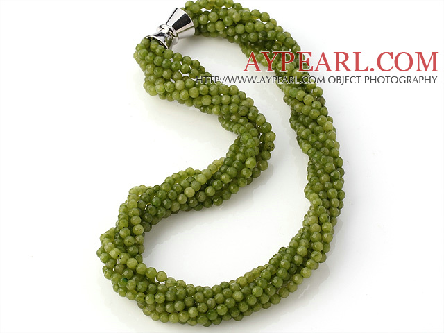 Nice Multi Twisted Strands 4mm Faceted Round Green Jade Beads Necklace With Magnetic Clasp