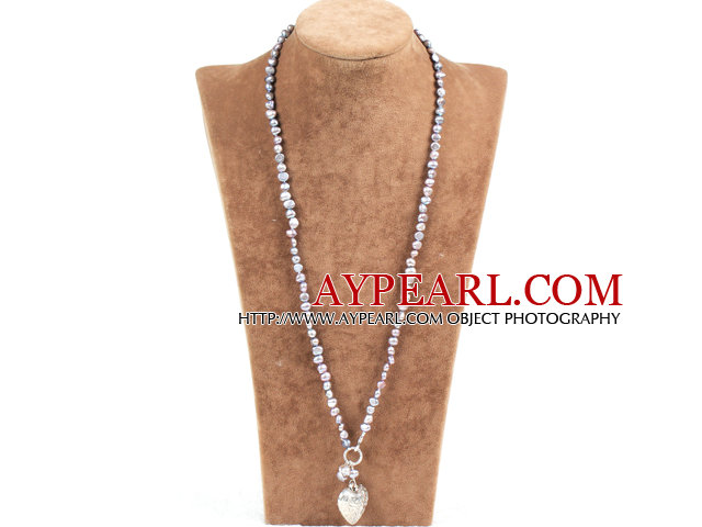 Simple Elegant Natural Freshwater Pearl Silver Gray Color hjerte anheng halskjede legert