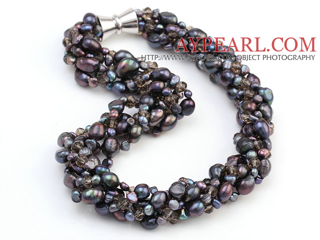 Popular Multi Twisted Strands Black Freshwater Pearl And Smoky Quartz Necklace With Magnetic Clasp