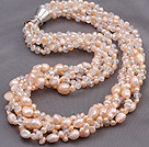 Fashion Multi Twisted Strands Pink Freshwater Pearl And White Crystal Necklace With Moonight Clasp