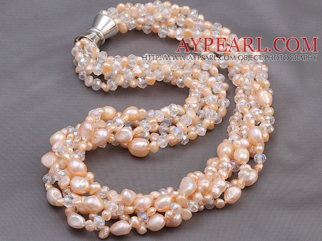 Fashion Multi Twisted Strands Pink Freshwater Pearl And White Crystal Necklace With Moonight Clasp