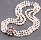 Elegant Multi Strands 7-8mm Natural White Freshwater Pearl Beads Necklace With Pink Pearl Rhinestone Flower Charm