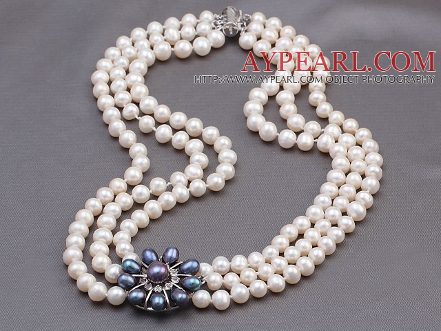 Elegant Multi Strands 7-8mm Natural White Freshwater Pearl Beads Necklace With Black Pearl Rhinestone Flower Charm