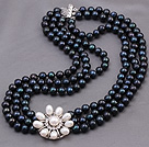Elegant Multi Strands 7-8mm Natural Black Freshwater Pearl Beads Necklace With White Pearl Rhinestone Flower Charm