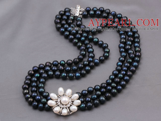 Elégant multi brins 7-8mm Natural Black perle d'eau douce collier de perles avec perle blanche charme de Rhinestone de fleur