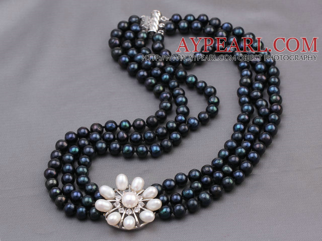 Elegantti Multi Strands 7 - 8mm Natural Black makeanveden helmen helmiä kaulakoru White Pearl tekojalokivi Flower Charm