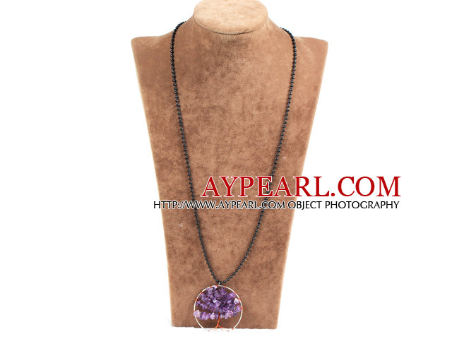 Fashion Large Loop Wired Crochet Natural Amethyst Chips Wishing Tree Pendant Necklace With Black Chain