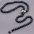 Nice Natural 8-9mm Black Freshwater Pearl Beads Necklace With Rhinestone Metal Clasp