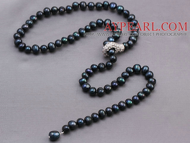 Nice Natural 8-9mm Black Freshwater Pearl Beads Necklace With Rhinestone Metal Clasp