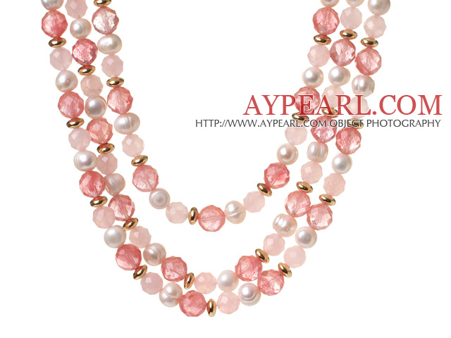 Popular Three Strands White Freshwater Pearl And Faceted Rose Cherry Quartz Beads Necklace