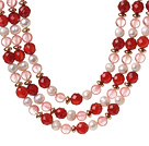 Popular Three Strands White Freshwater Pearl And Faceted Red Agate Cherry Quartz Beads Necklace