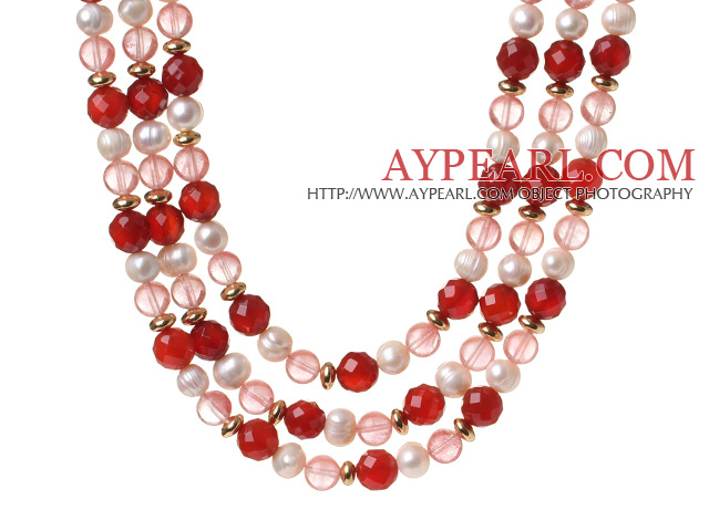 Populære Tre Strands hvit ferskvannsperle og fasettert Red Agate Cherry Quartz perler halskjede