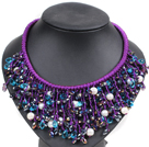 Marvelous Statement Purple Series Natural White Freshwater Pearl Crystal Hand-Knitted Bib Necklace