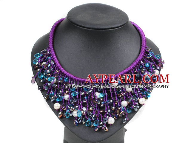 Marvelous Statement Purple Series Natural White Freshwater Pearl Crystal Hand-Knitted Bib Necklace