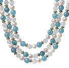 Popular Three Strands White Freshwater Pearl And Sponge Aquarmarine Beads Necklace