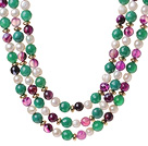 Fashion Three Strands White Freshwater Pearl And Round Green Purple Agate Beads Necklace