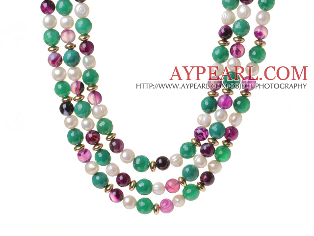 Fashion Drei Stränge Weiße Süßwasser Perle und Runde , Grün, Lila Achat Perlen Halskette