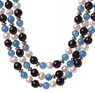 Popular Three Strands White Freshwater Pearl And Round Blue Black Agate Beaded Necklace