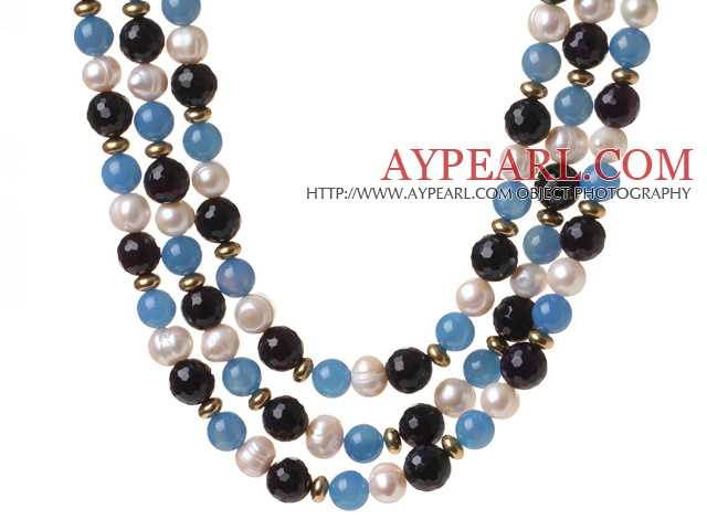 Popular Three Strands White Freshwater Pearl And Round Blue Black Agate Beaded Necklace