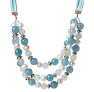 Elegant Three-Layer White Freshwater Pearl And Sponge Aquamarine Necklace With Green Suede Cords