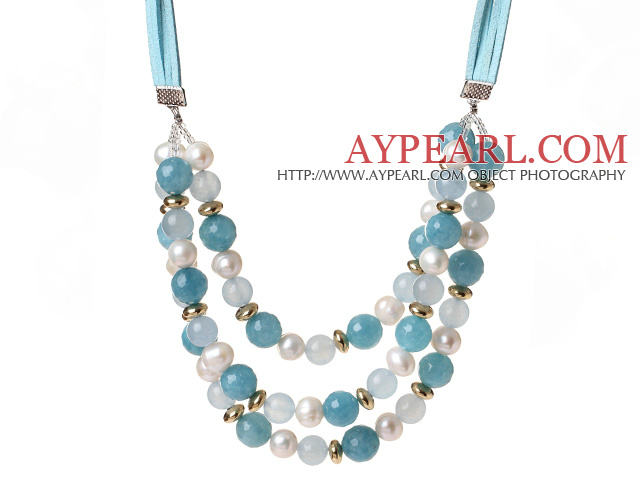 Elegant Three-Layer White Freshwater Pearl And Sponge Aquamarine Necklace With Green Suede Cords