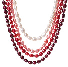 Fashion Multi Strands Mixed Red And White Baroque Freshwater Pearl And White Crystal Beads Necklace