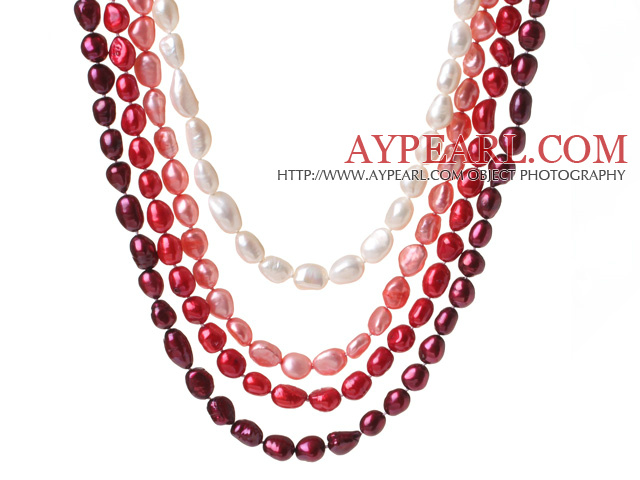 Fashion Multi Strands Mixed Red And White Baroque Freshwater Pearl And White Crystal Beads Necklace