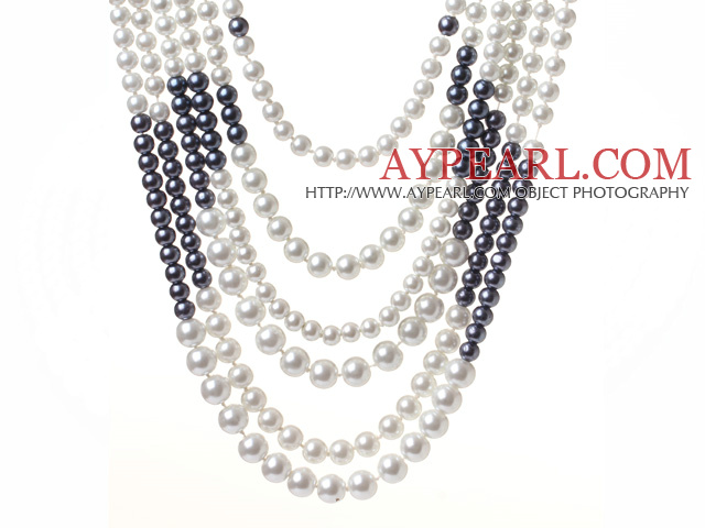 Fashion Multi Strands Mixed Size Round White And Black Glass Pearls Knotted Necklace With Magnetic Clasp